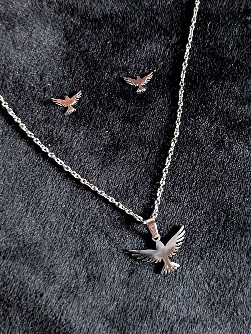 Dainty Silver Flying Bird Pendant and Earring Jewelry Set Stainless Steel 316L